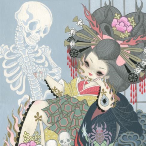 Junko Mizuno - Jigoku Dayu 2013, cartoon womaan smiling and holding hands with a skeleton on a blue background