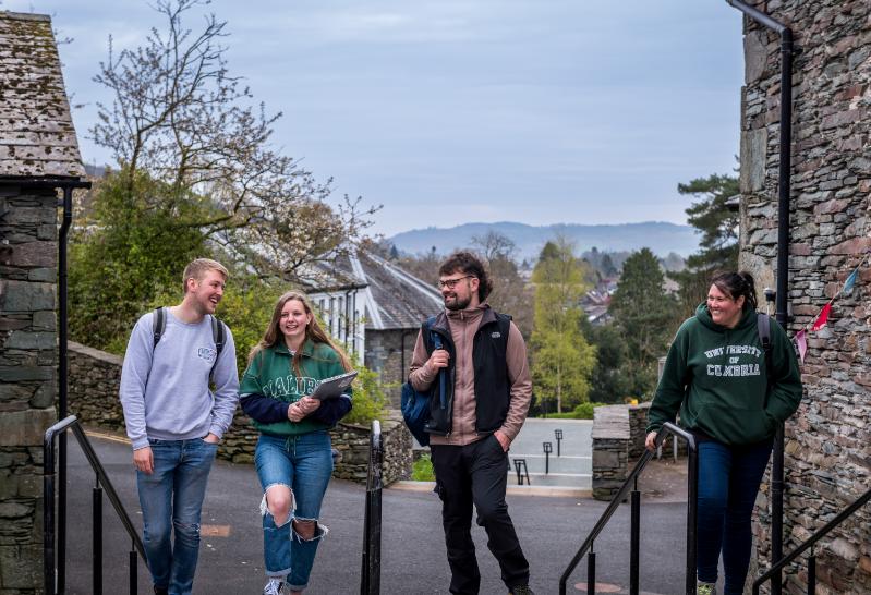 Group of Students stood on the Ambleside Campus 